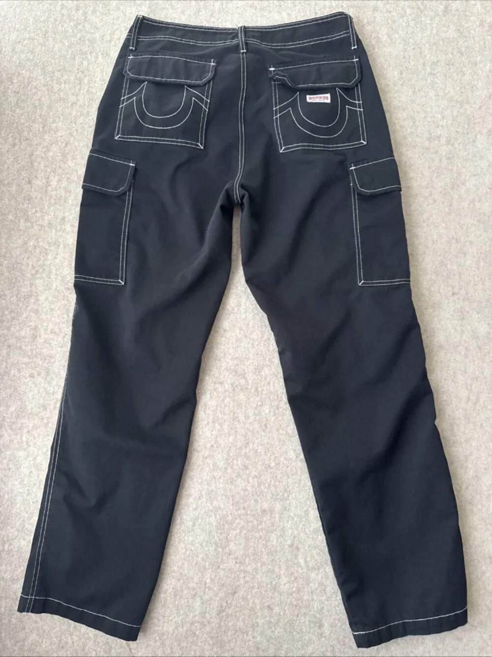 True Religion Bobby Baggy Cargo Pants Black Back Flap Pockets Mens 32x30